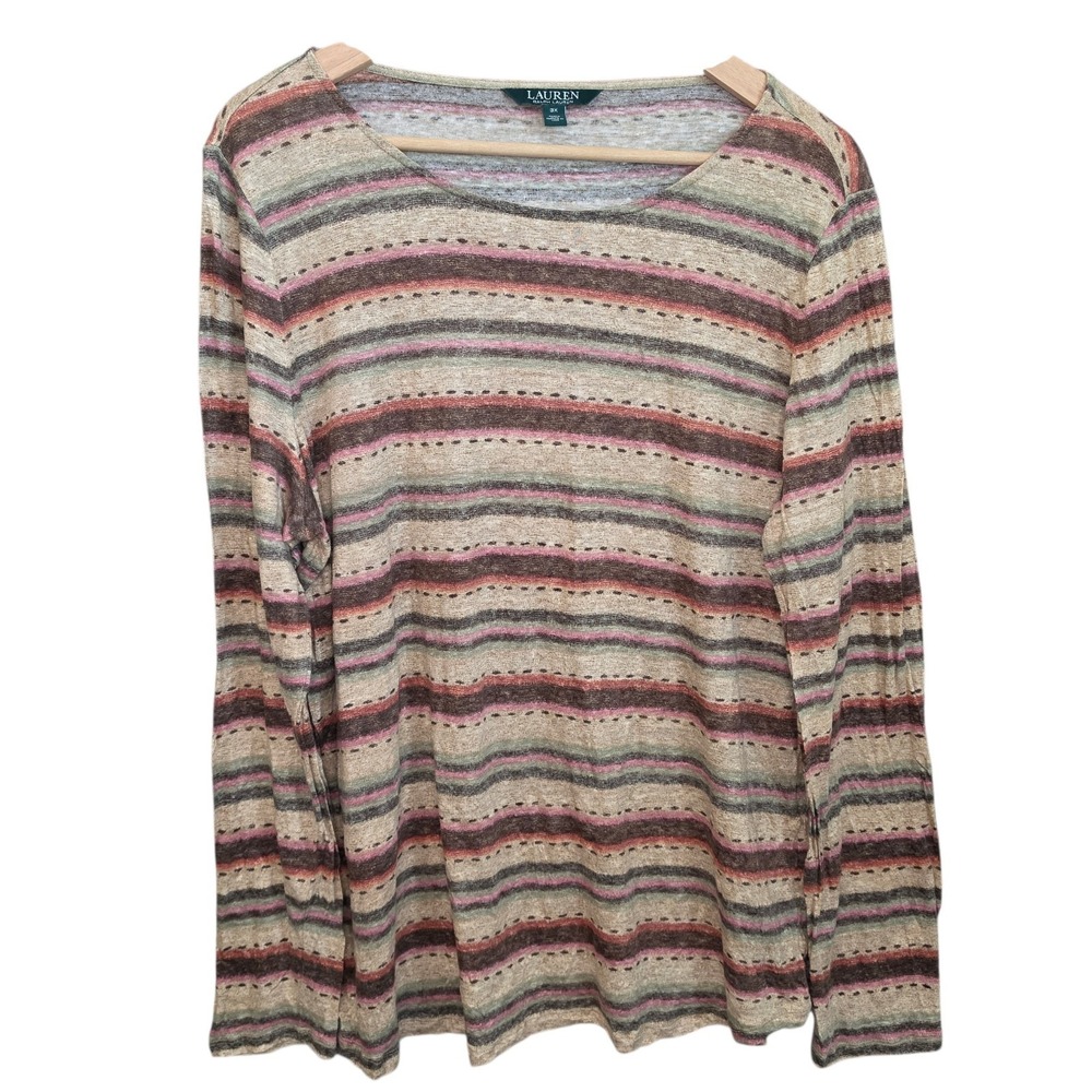 Lauren Ralph Lauren Top Womens Plus 3X Beige Linen Striped Long Sleeve Knit